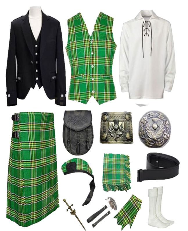 Argyll Irish Green Kilt Outfit With Jacket With Ghillie Shirt