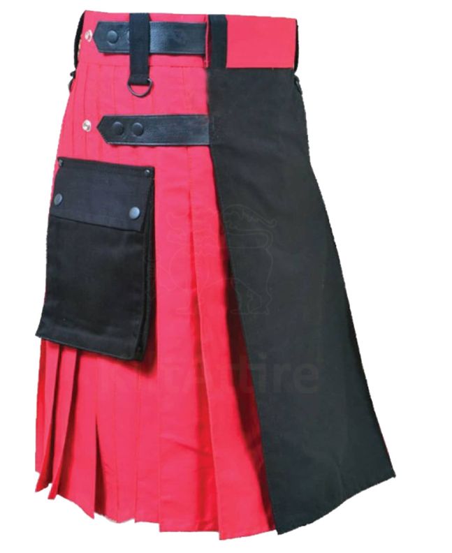 Black and Red Double Tone Kilt with Leather Straps 
