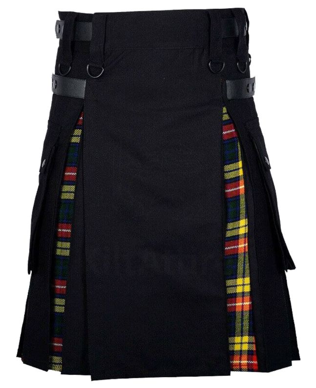 Black Cotton Buchanan Tartan Scottish Utility Cargo Hybrid Kilt