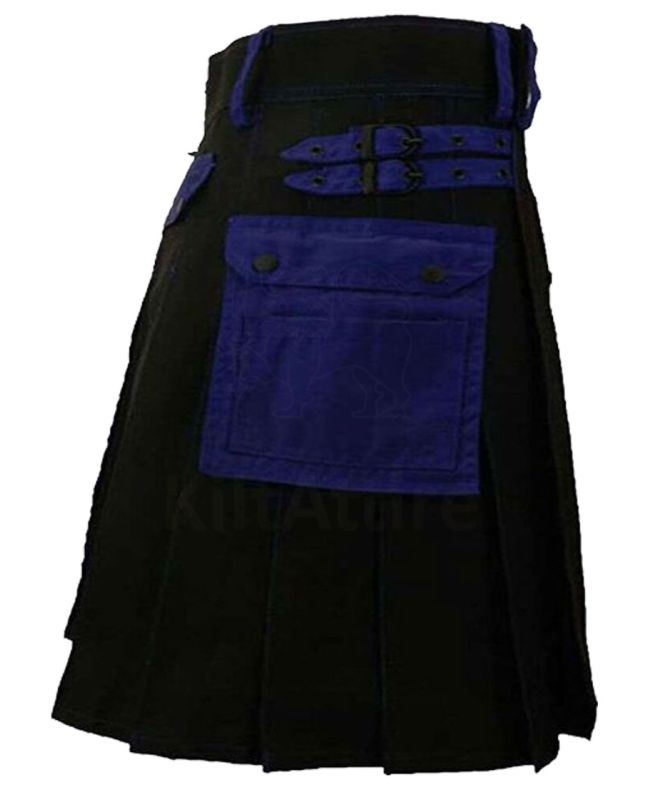 Black Deluxe Modern Kilt And Blue Straps Style With Blue Cargo Pocket Side