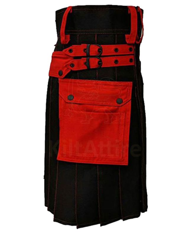Black Deluxe Modern Kilt And Red Straps Style With Red Cargo Pockets