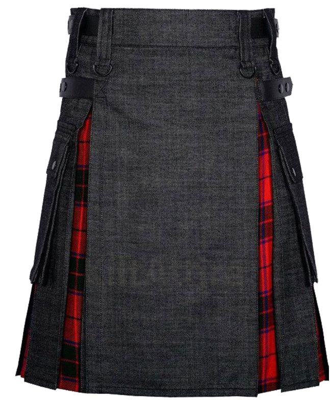 Black Denim Wallace Scottish Utility Cargo Hybrid Kilt