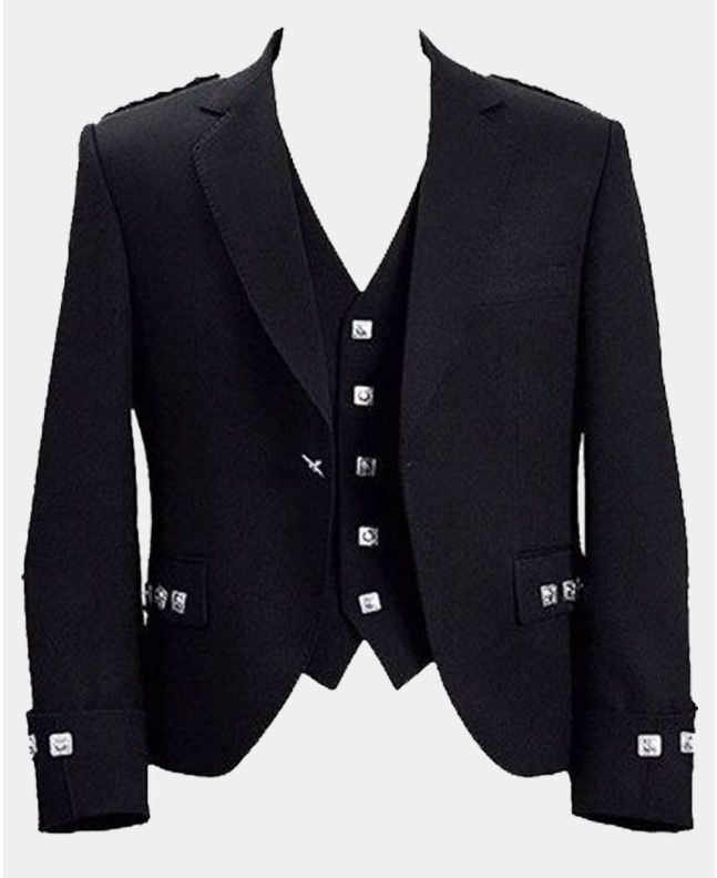 Black Wool Tweed Argyle Jacket and Vest For Men