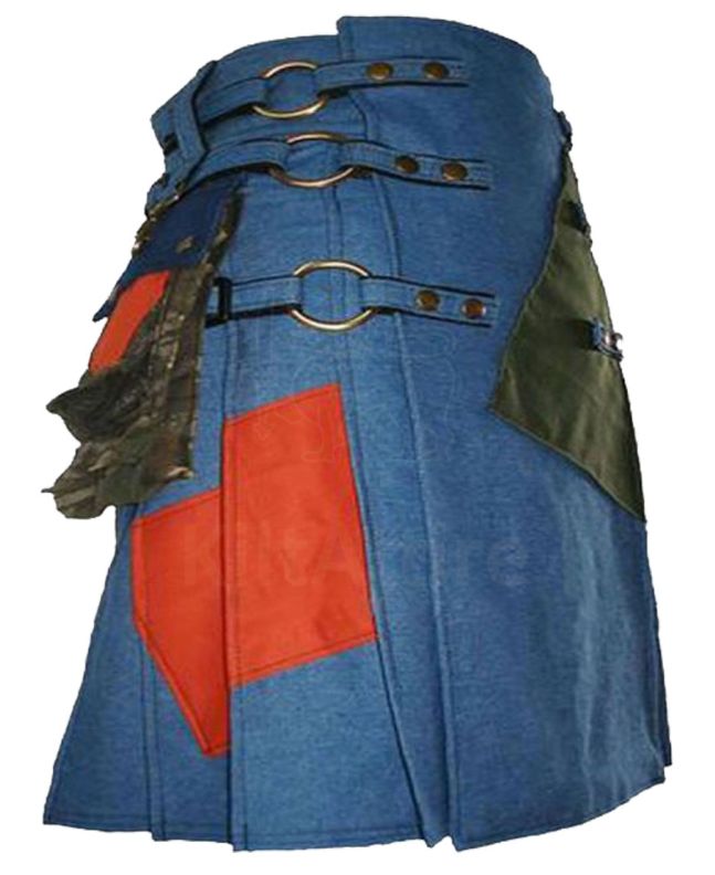 Blue Jean Denim Utility Kilt For Men With Cargo Pocket Side