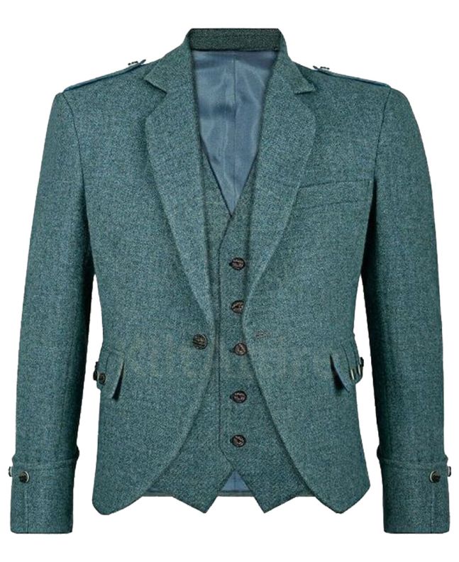 Blue Tweed Argyll Kilt Jacket With 5 Button Vest Front