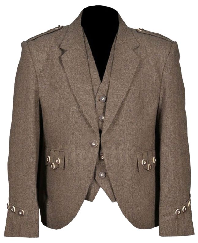 Brown Scottish Tweed Argyle Kilt Jacket With 5 Button Vest