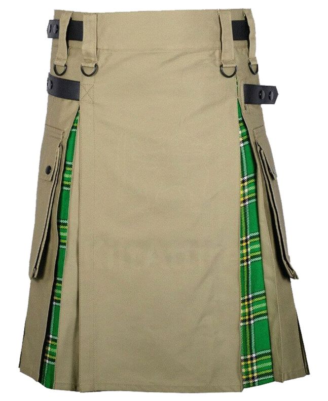 Khaki Cotton Irish Tartan Scottish Utility Cargo Hybrid Kilt