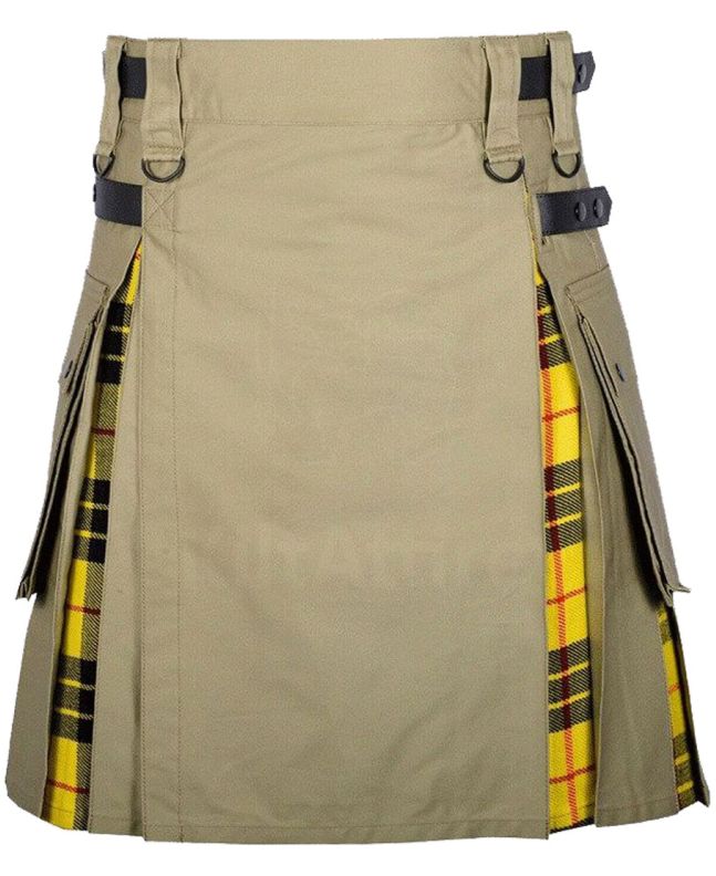Khaki Cotton Macleod of Lewis Tartan Scottish Utility Cargo Hybrid Kilt