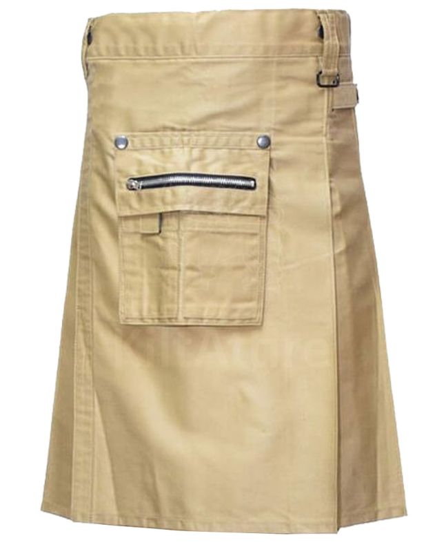 Khaki Heavy Duty Cargo Pockets Utility Kilt Front