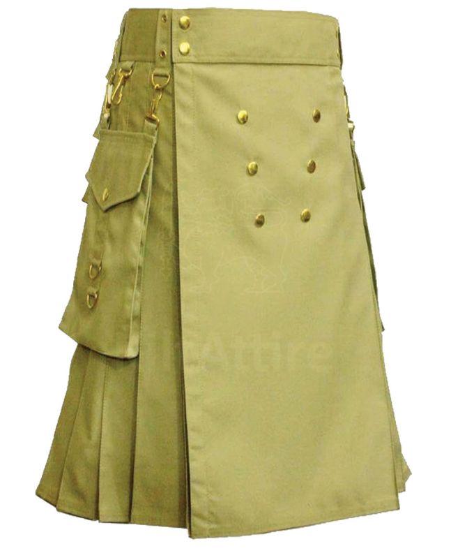 Khaki Utility Kilt With Gold Button