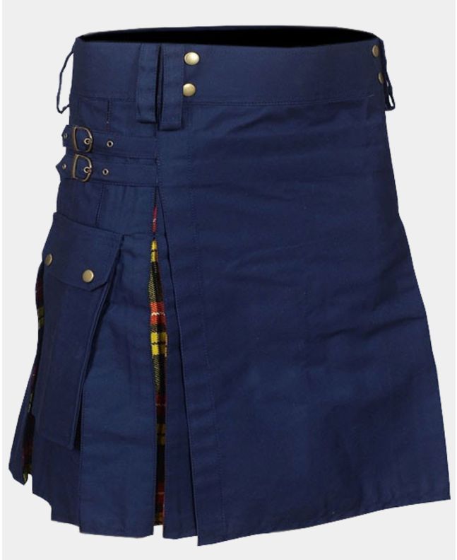 Navy Blue Cotton and Buchanan Tartan Hybrid Kilt