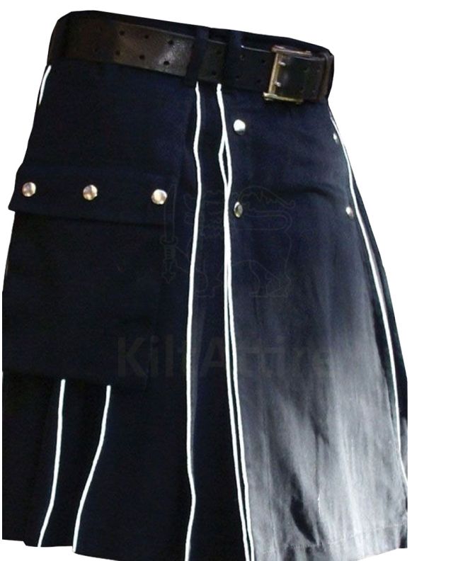 Navy Blue Utility Kilt with White Line Style