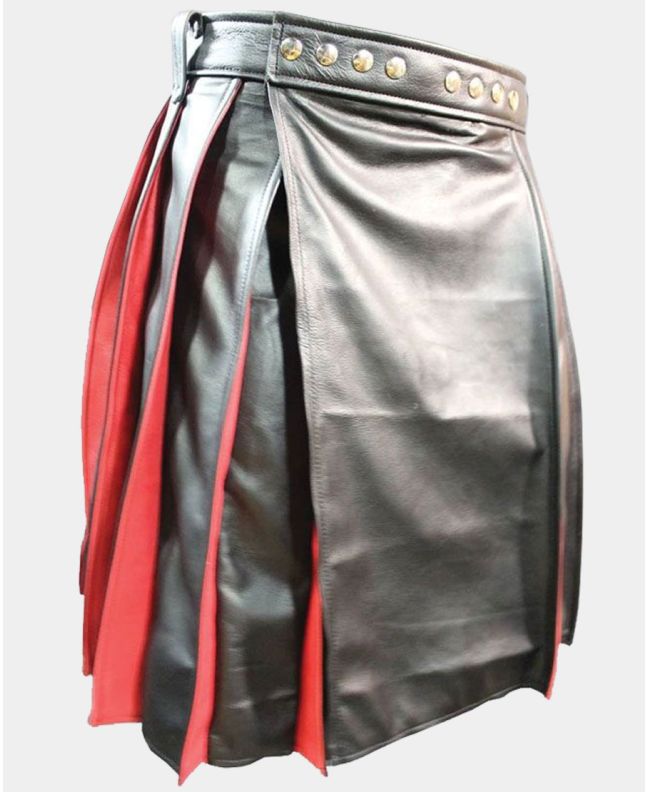 Pleated Black and Red Leather Kilt
