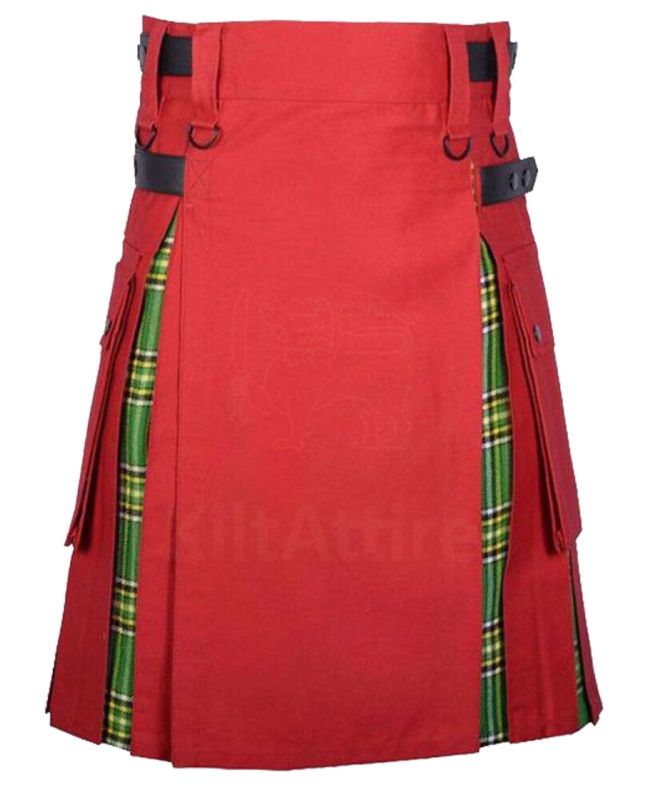 Red Cotton And Irish Tartan Hybrid Utility Kilt