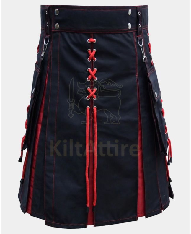 Red Pleats and Black Hybrid Laces Christmas Kilt