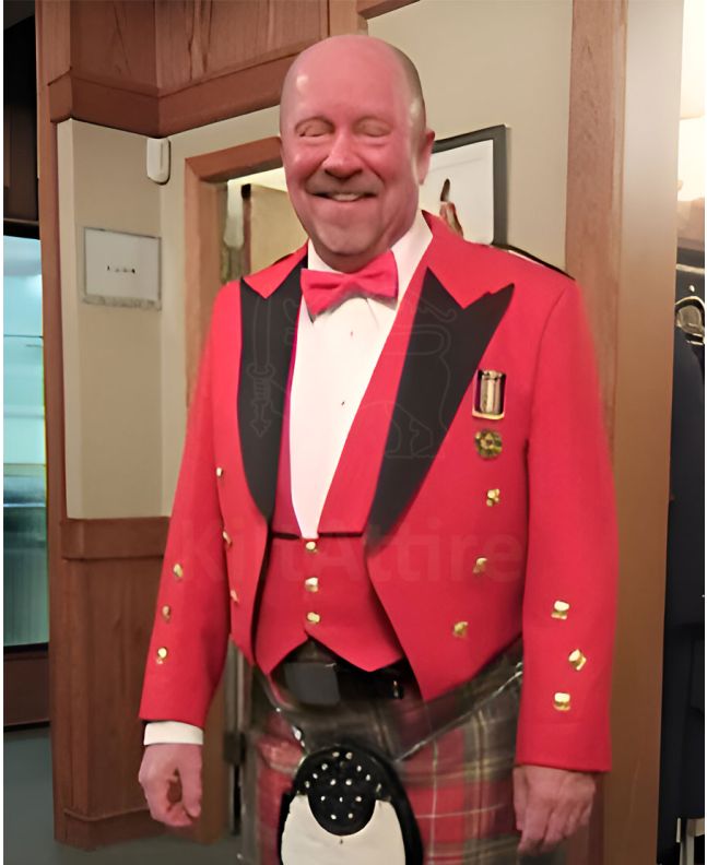 Red Prince Charlie Jacket & Gold Button Waistcoat Set