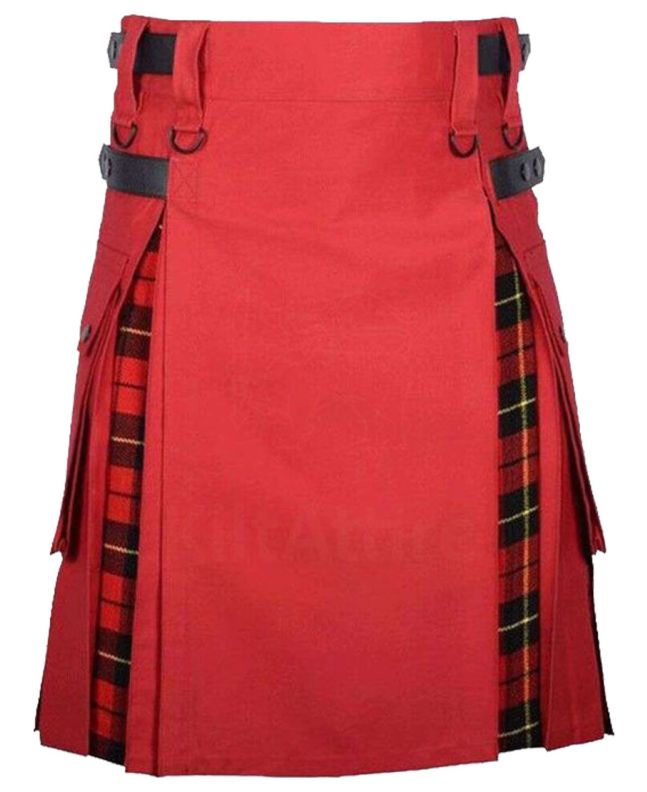 Traditional Scottish Red Cotton And Wallace Tartan Hybrid Kilt