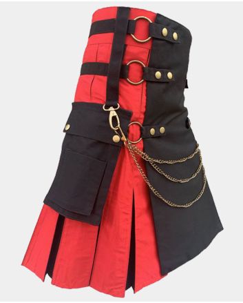 Black and Red Hybrid Utility Kilt With Silver Chain
