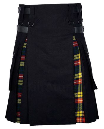Black Cotton Buchanan Tartan Scottish Utility Cargo Hybrid Kilt