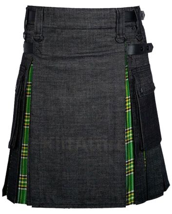 Black Denim Irish Tartan Scottish Utility Cargo Hybrid Kilt