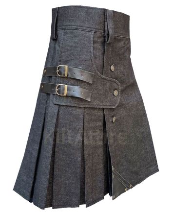 Black Denim Leather Strip Kilt For Men