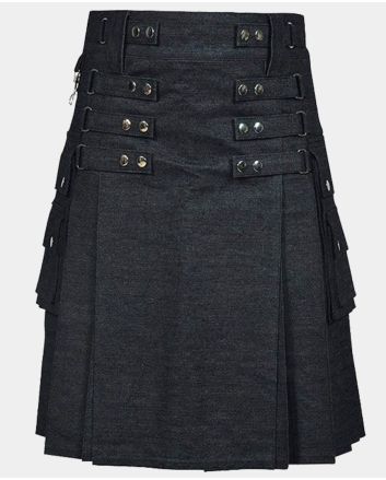 Black Denim Utility Kilt For Men