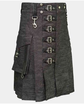 Black Heavy Denim Kilt With Straps
