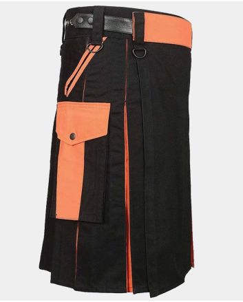 Black & Orange Utility Kilt For Men