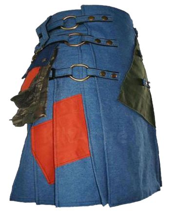 Blue Jean Denim Utility Kilt For Men With Cargo Pocket