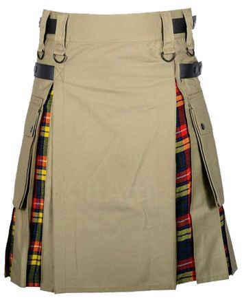 Khaki Cotton Buchanan Tartan Scottish Utility Cargo Hybrid Kilt