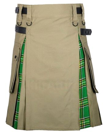 Khaki Cotton Irish Tartan Scottish Utility Cargo Hybrid Kilt