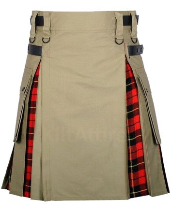 Khaki Cotton Wallace Tartan Scottish Utility Cargo Hybrid Kilt