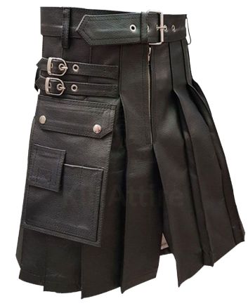 Men Genuine Black Leather Gladiator Pleated Utility LARP Kilt
