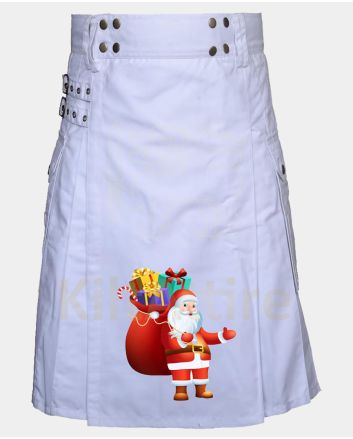 Men's White Santa Gifting Christmas Utility Kilt