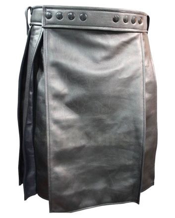 Pleated Black Leather Kilt with Navy Highlights