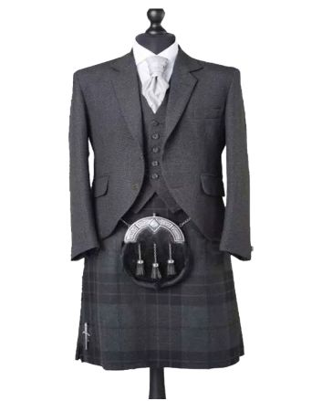 Premium Charcoal Gray Tweed Jacket With Night Watch Tartan Kilt Outfit