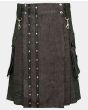 Black Heavy Denim Kilt With Straps